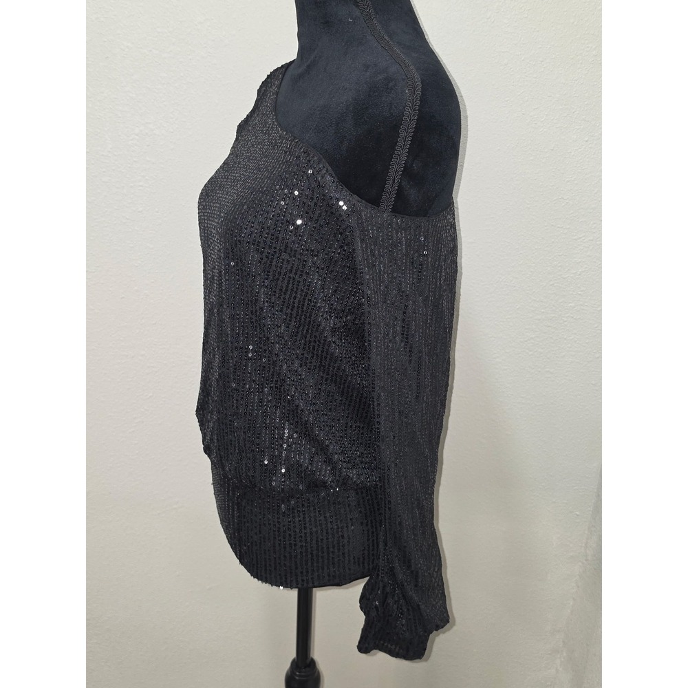 Black Sequined One Shoulder Long Sleeve Top Evening Party Blouse - Picture 6 of 8